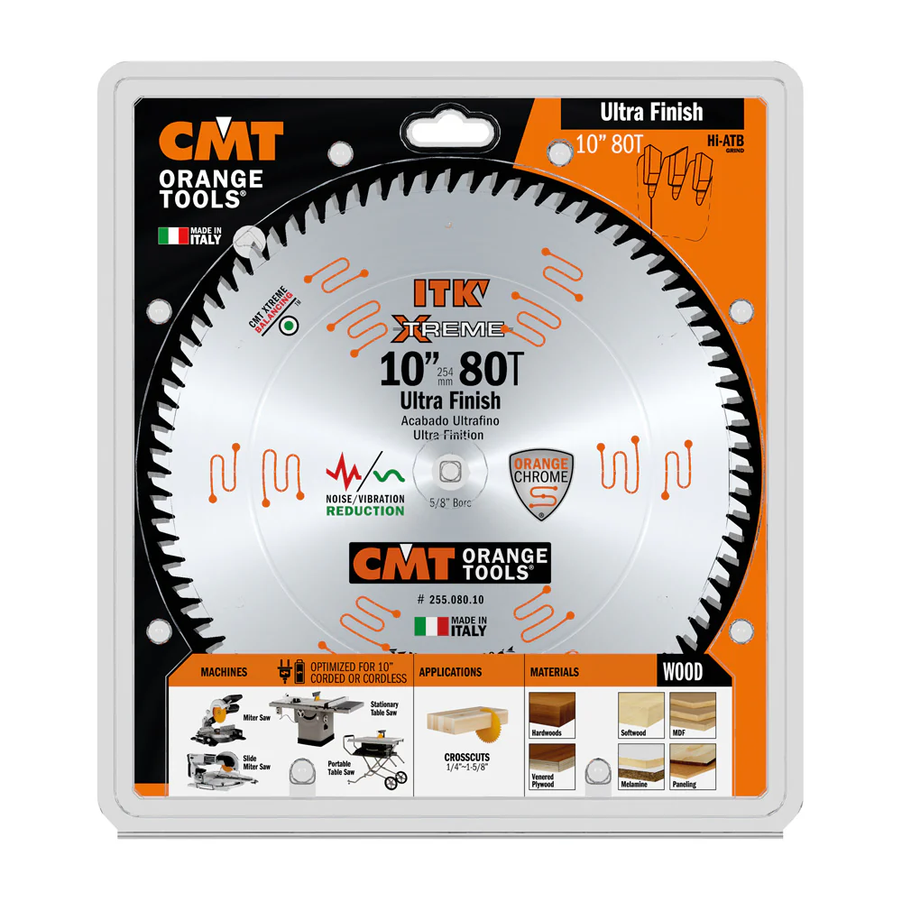 CMT Orange ITK Ultra Finish Cross Cut Saw Blade 10" x T80 40° ATB with 5/8-Inch Bore (0.098" Thin Kerf) - Image 2