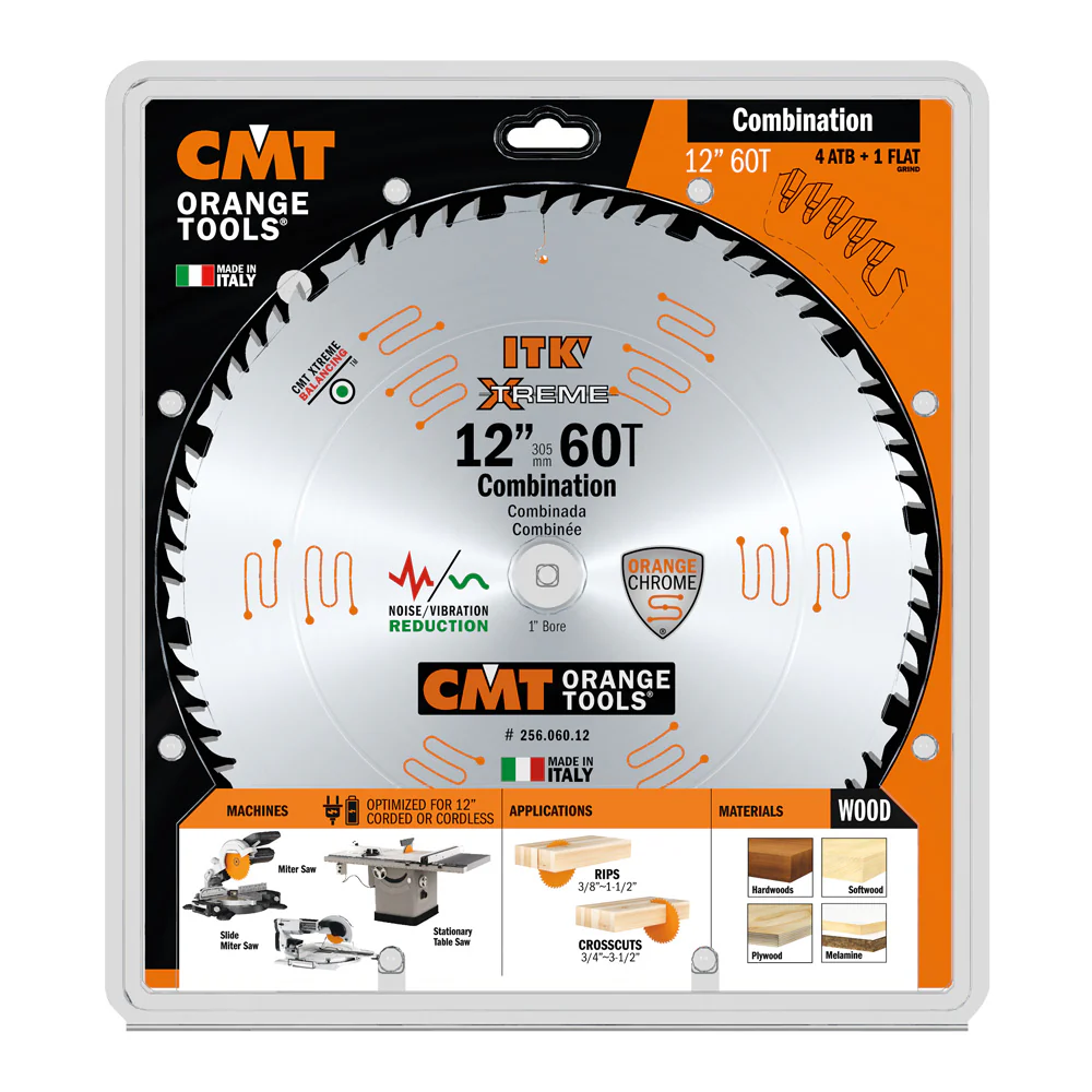 CMT Orange ITK Combination Saw Blade 12" x T60 1FTG+4ATB Grind with 1-Inch Bore (0.110" Thin Kerf) - Image 6