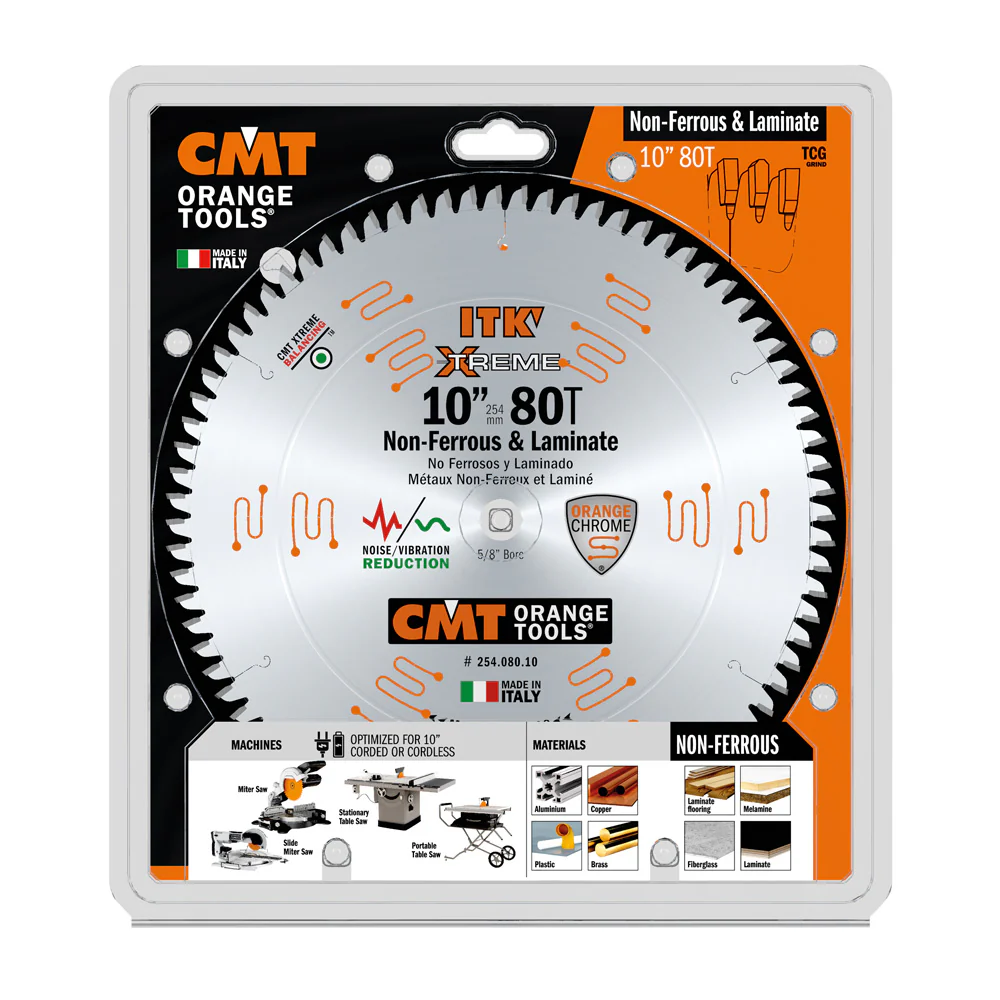 CMT Orange ITK Industrial Fine Finish (Non Ferrous, Acrylic and Laminate) Saw Blade 10" x T80 40° ATB with 5/8-Inch Bore (0.098 Thin Kerf") - Image 2