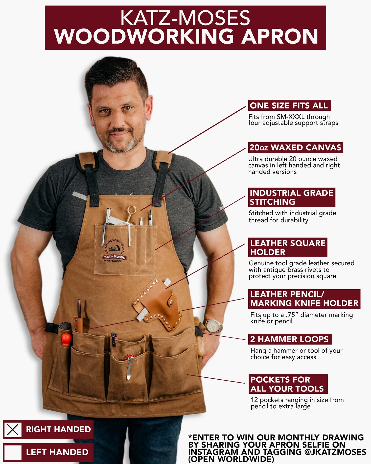 The Katz-Moses Unisex 20 oz Waxed Canvas Woodworking Tool Apron (XS/SM/MED/SLIM) - Image 8