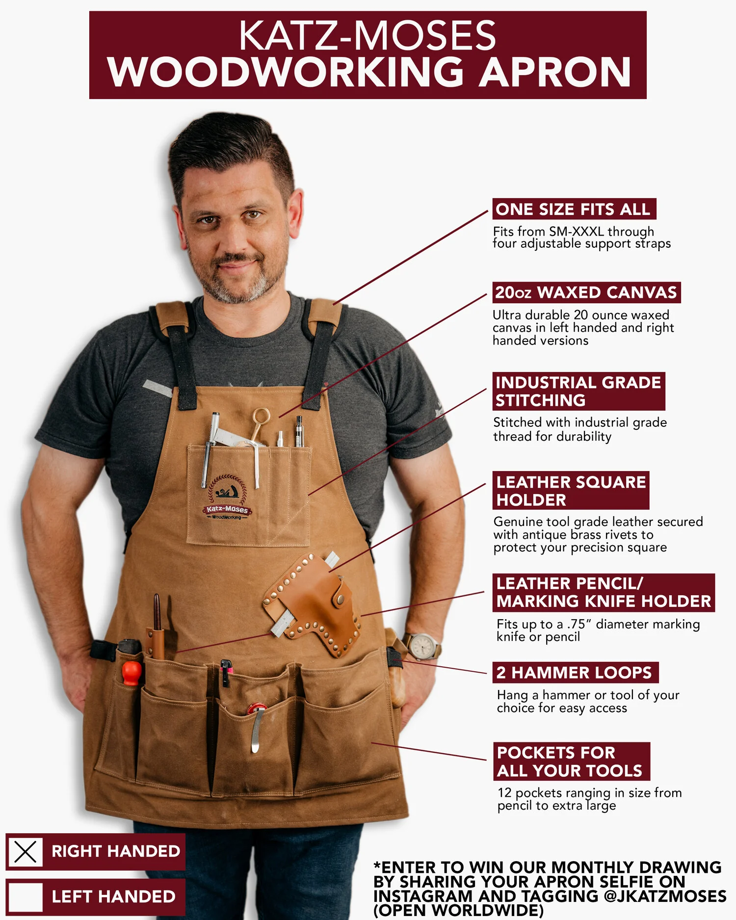 The Katz-Moses 20 oz Waxed Canvas Woodworking Tool Apron (LRG-XXXL) - Image 8
